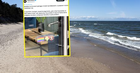 Naklejka na drzwiach hotelu nad Bałtykiem. Z psem można wejść, ale z dzieckiem - nie