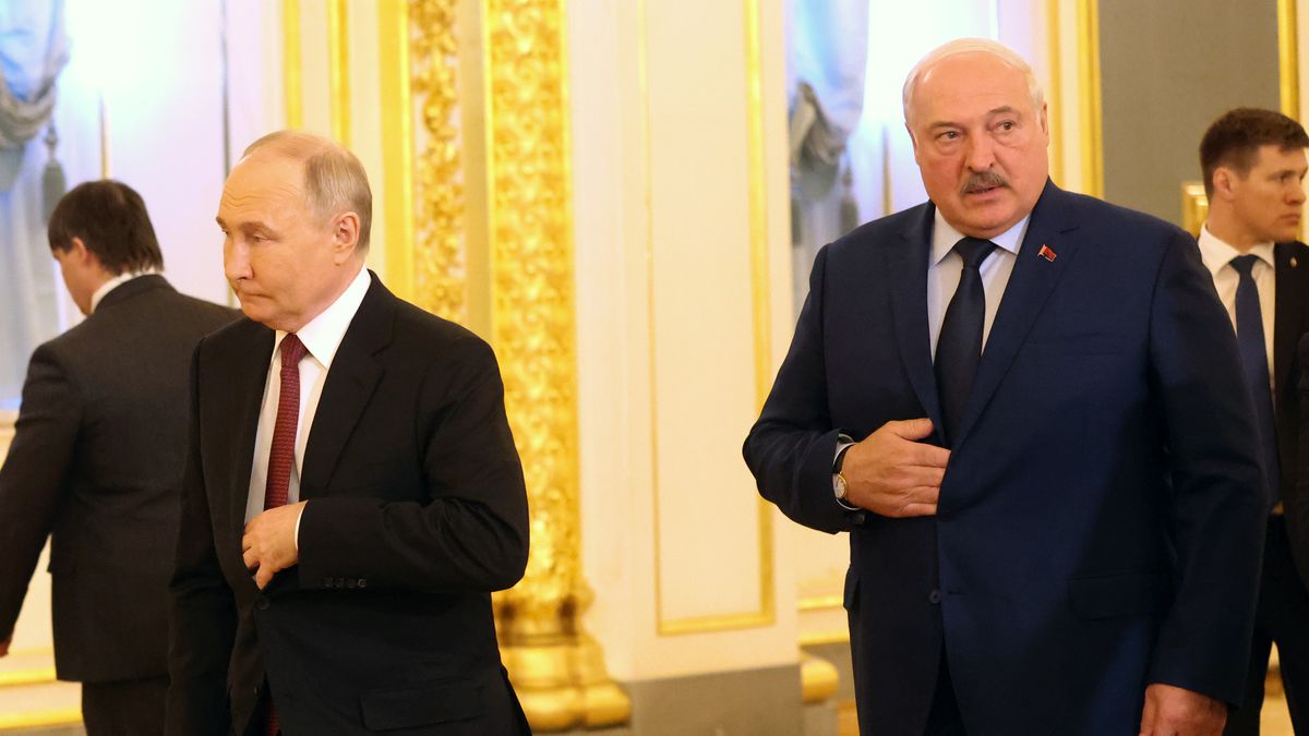 MOSCOW, RUSSIA - MAY 8:  (RUSSIA OUT) Russian President Vladimir Putin (L) and  Belarussian President Alexander Lukashenko (R) enter the hall during the Supreme Council of Eurasian Union, at the Grand Kremlin Palace, May 8, 2024 in Moscow, Russia. Leaders of Armenia, Russia, Belarus, Kazakhstan, Kygyzstan, representatives of Uzbekistan and Cuba gathered at an annual economic summit of five post-Soviet states.  (Photo by Contributor/Getty Images)