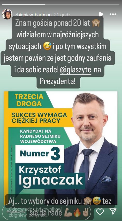 Instastories Zbigniewa Bartmana o kandydaturze Ignaczaka