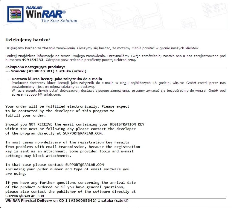 Rzadki obrazek. Tak wygląda email który się otrzymuje po rejestracji WinRARa.