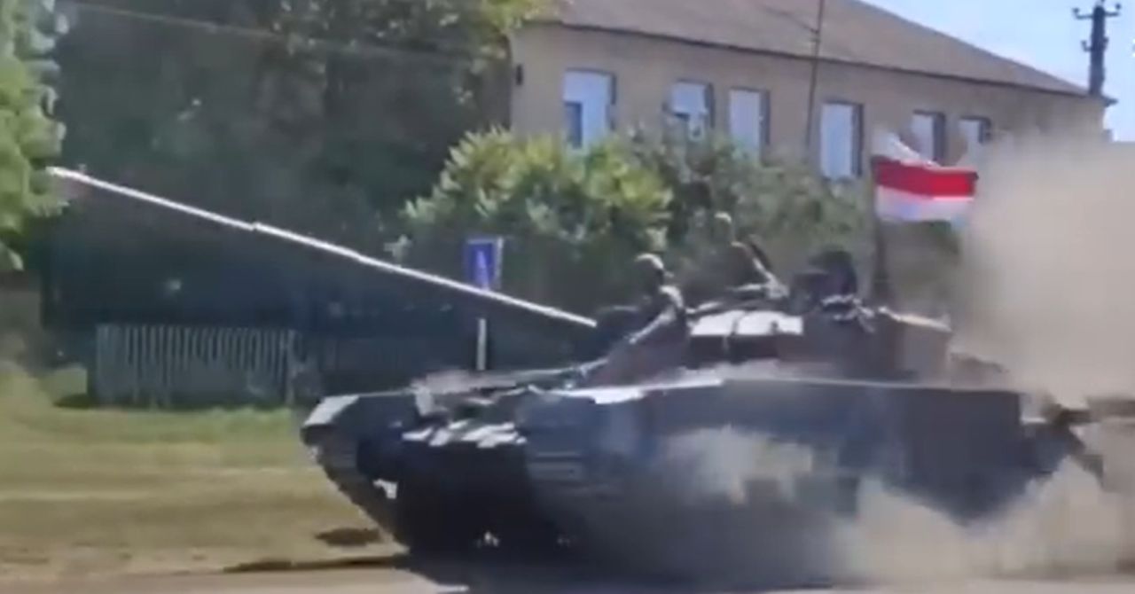 Belarusian volunteers advancing near Kursk with captured Russian tanks