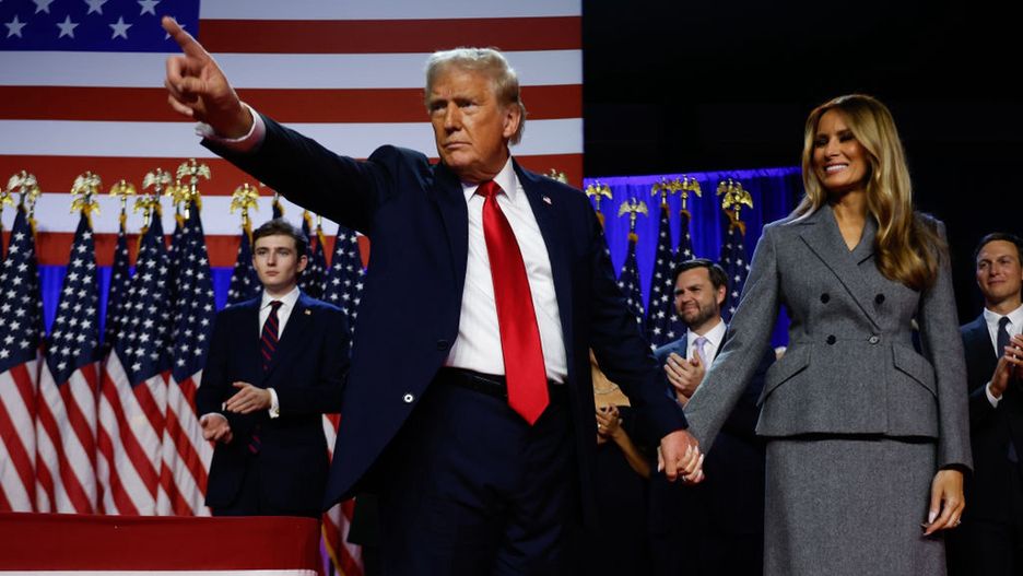 Republican Presidential Nominee Donald Trump Holds Election Night Event In West Palm Beach
WEST PALM BEACH, FLORIDA - NOVEMBER 06:  Republican presidential nominee, former U.S. President Donald Trump points to supporters with former first lady Melania Trump during an election night event at the Palm Beach Convention Center on November 06, 2024 in West Palm Beach, Florida. Americans cast their ballots today in the presidential race between Republican nominee former President Donald Trump and Vice President Kamala Harris, as well as multiple state elections that will determine the balance of power in Congress.   (Photo by Chip Somodevilla/Getty Images)
Chip Somodevilla