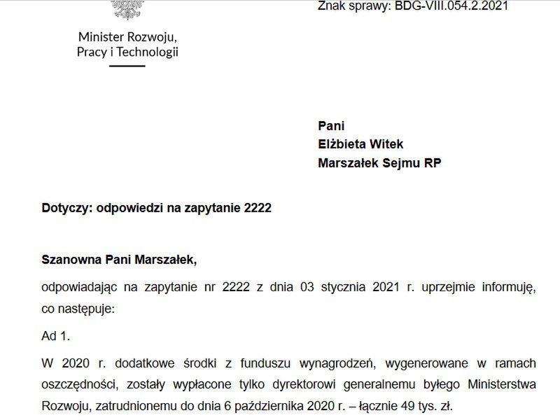 Pismo z ministerstwa o nagrodzie dla dyrektora generalnego