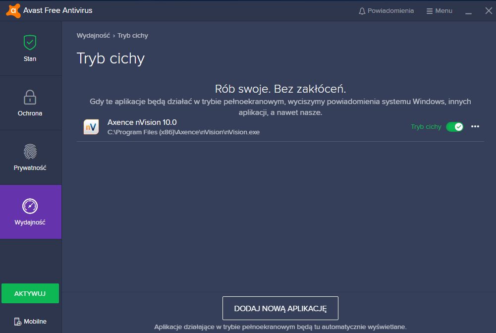 Ustawienia Trybu cichego: użytkownik sam wskazuje aplikacje, które działając w trybie pełnoekranowym spowodują wyciszenie powiadomień (zarówno systemowych, jak i tych z Avasta).