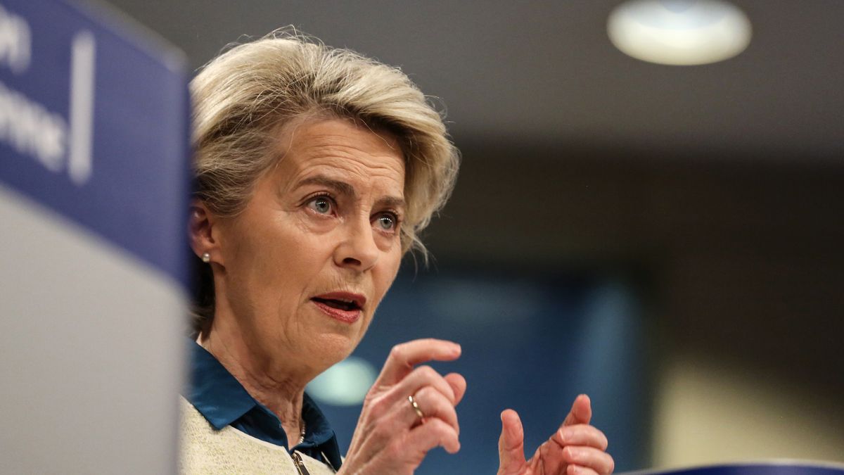 Ursula von der Leyen, president of the European Commission, at a news conference unveiling the Green Deal Industrial Plan at the European Commission headquarters in Brussels, Belgium, on Wednesday, Feb. 1, 2023. The European Union unveiled a roadmap for how it plans to keep its industries competitive as the bloc tries to catch up to the US and China, which offer huge subsidies to domestic green technologies. Photographer: Valeria Mongelli/Bloomberg via Getty Images