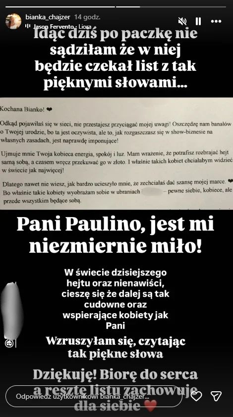 Bianka Chajzer dostała list od fanki