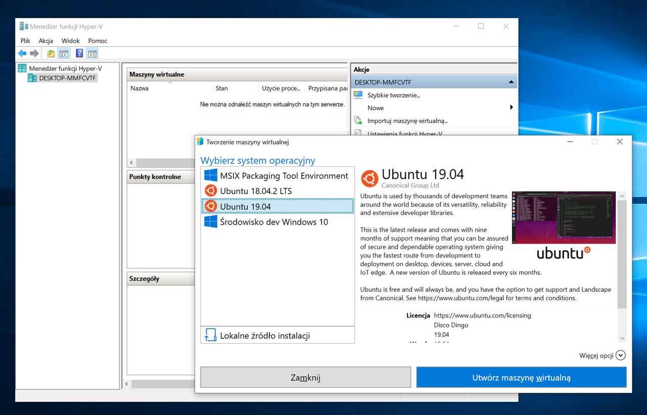 Widok tworzenia nowej maszyny wirtualnej z Ubuntu 19.04