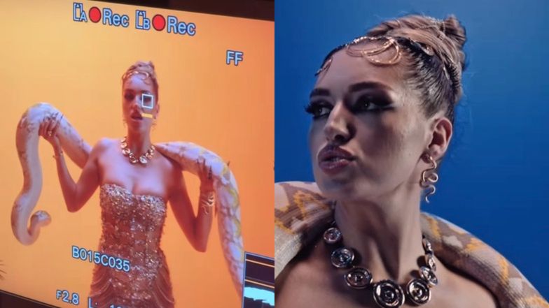 Caroline Derpieński wije się z wężem na planie teledysku