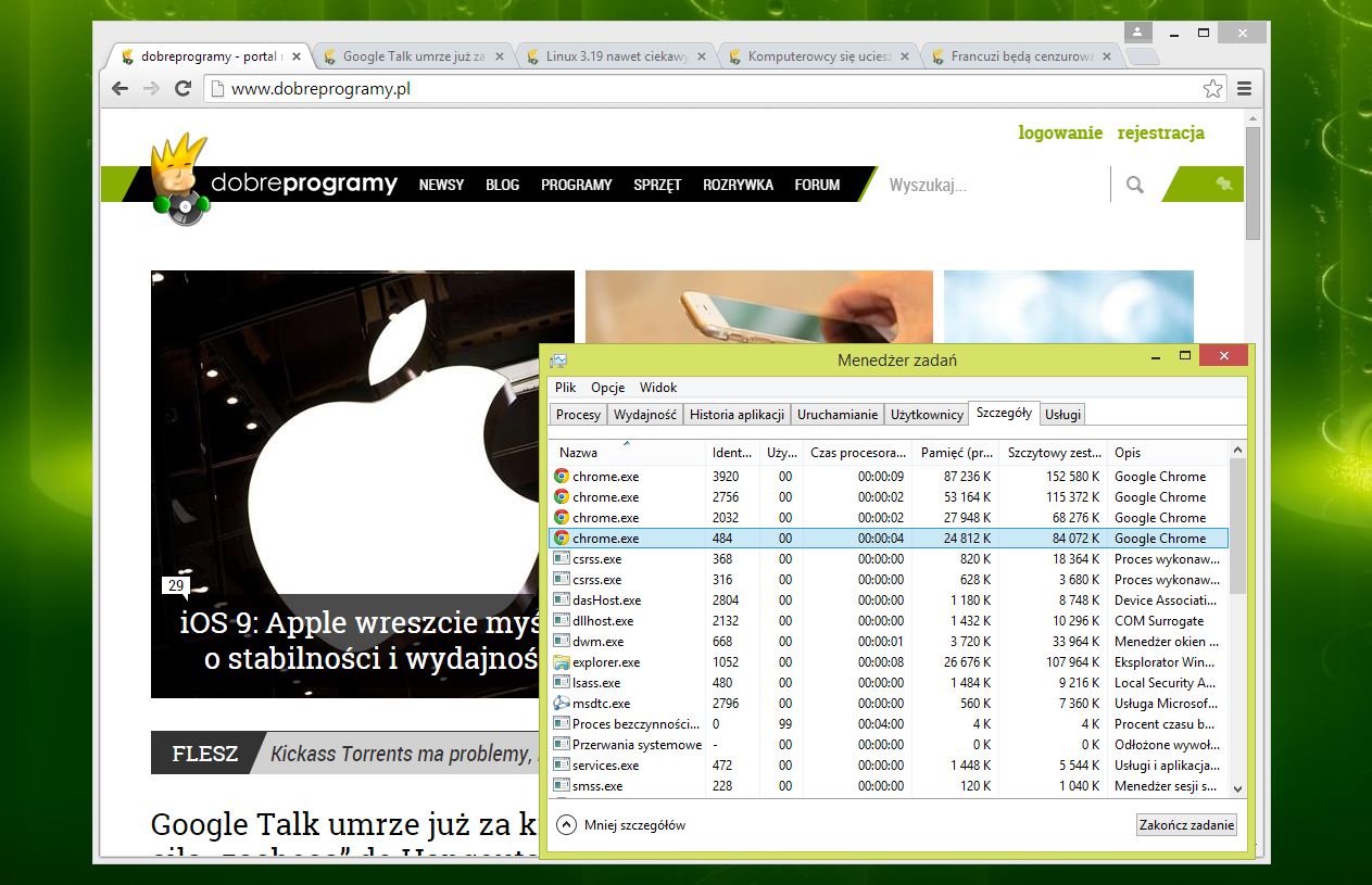 Użycie pamięci RAM w Chrome po modyfikacji – jest znacznie lepiej