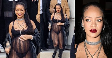 Wyzwolona Rihanna w PRZEŚWITUJĄCEJ halce i kozaczkach walczy o uwagę na pokazie Diora (ZDJĘCIA)