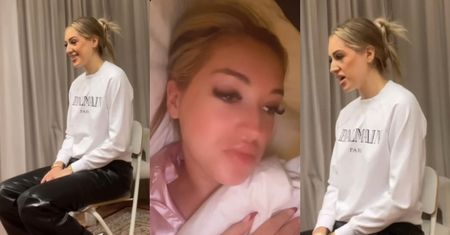 Odziana w bluzkę za 2,5 tys. zł Caroline Derpienski melduje się na lekcji śpiewu