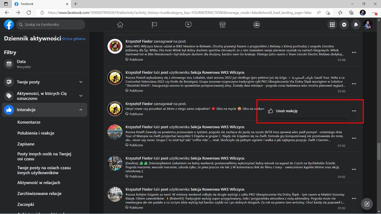 Facebook: klikamy w ikonę wielokropka, następnie Usuń reakcję