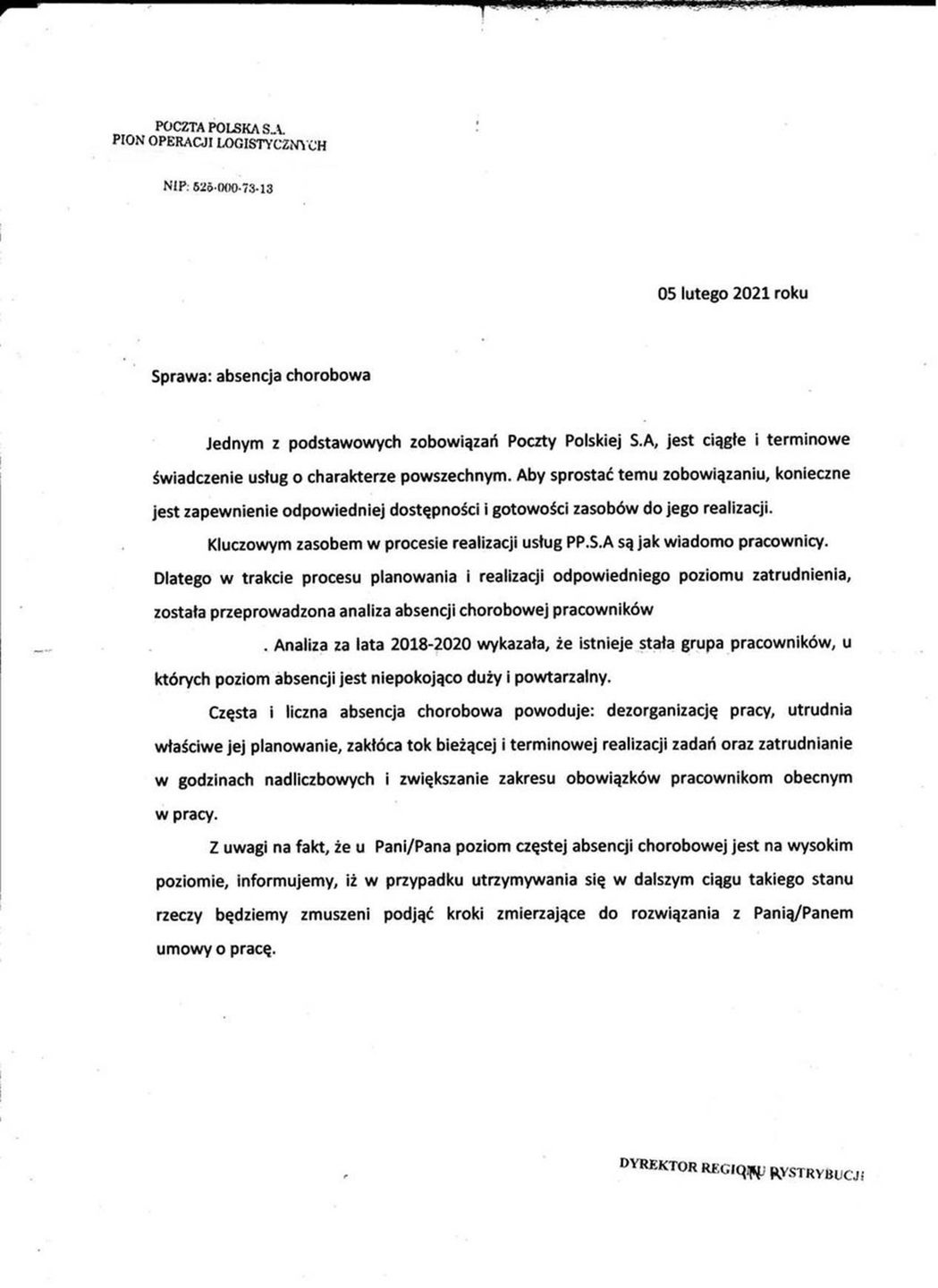 Pismo do pracowników Poczty Polskiej