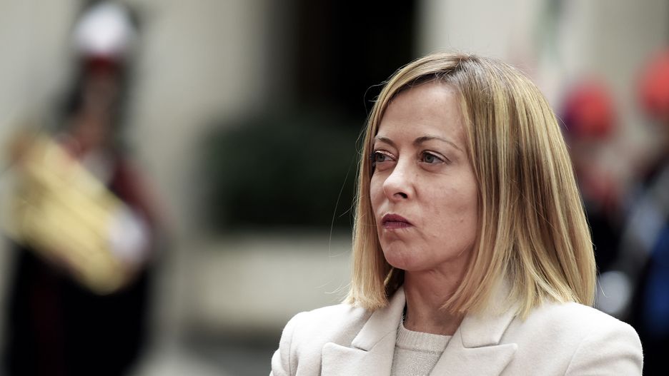 ROME, ITALY - FEBRUARY 10: Italian Prime Minister, Giorgia Meloni, awaits the Federal Chancellor of the Republic of Austria, Alexander Schallenberg, (not in the picture) in the courtyard of Palazzo Chigi on February 10, 2025 in Rome, Italy.  (Photo by Simona Granati - Corbis/Corbis via Getty Images)