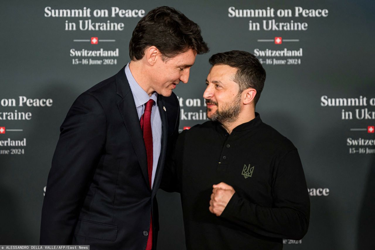 Prime Minister Justin Trudeau and President Volodymyr Zelensky during the June summit on peace in Ukraine