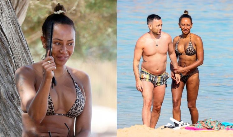 Mel B w skąpym cętkowanym bikini grasuje po plaży na Ibizie