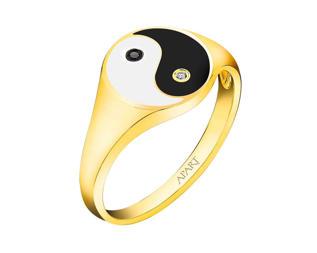 Pierścionek z żółtego złota z diamentami i emalią - sygnet - yin yang - próba 375 – wzór 220.346; Apart.pl