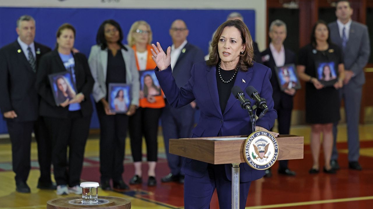 Vice President Kamala Harris speaks to the media in Parkland, Florida, on Saturday, March 23, 2024. (Al Diaz/Miami Herald/Tribune News Service via Getty Images)