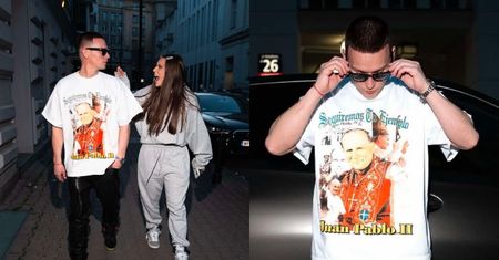 Bart Pniewski paraduje po Warszawie w t-shircie Kanye Westa z wizerunkiem Jana Pawła II. Przesada?