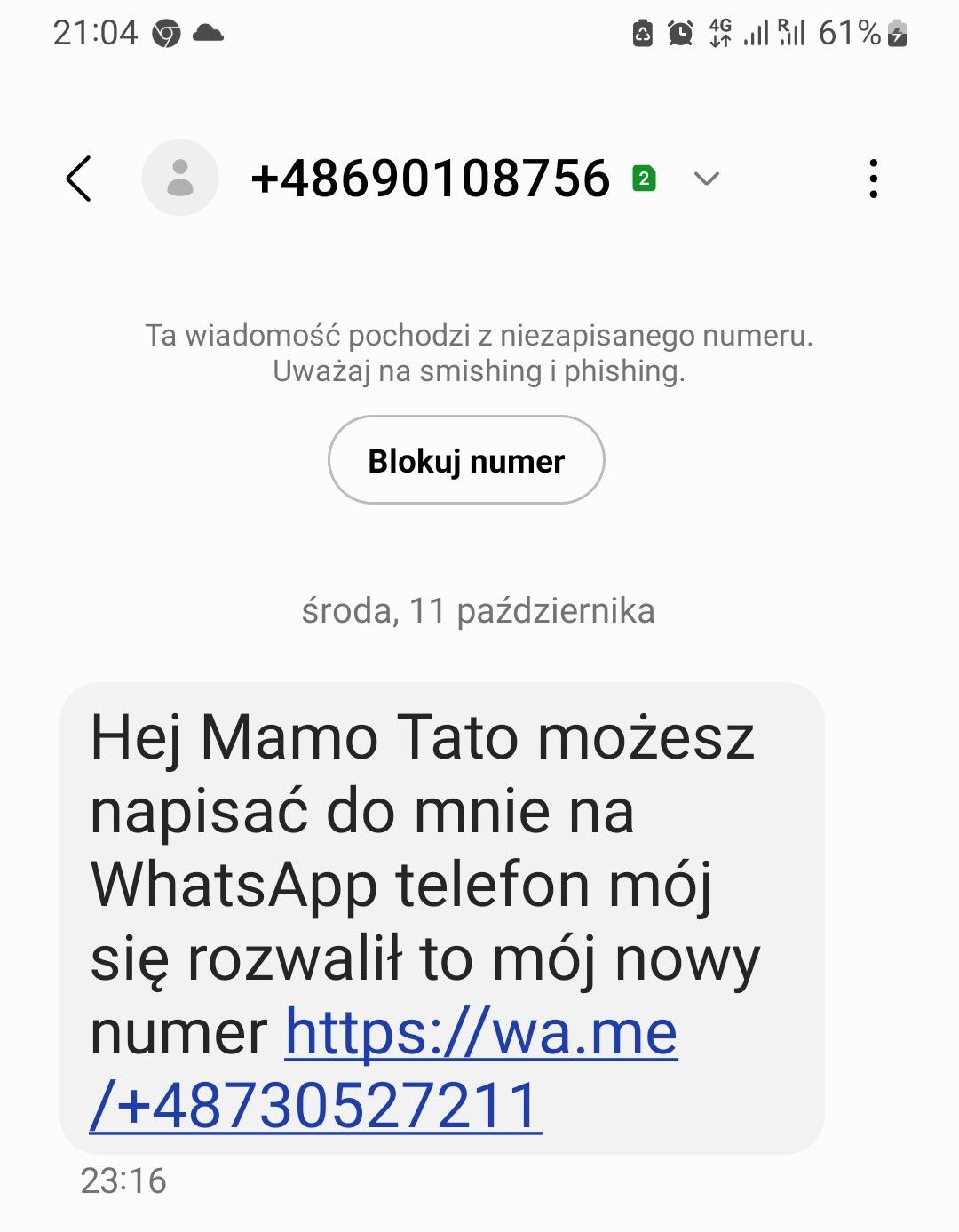 Fałszywy SMS o nowym numerze