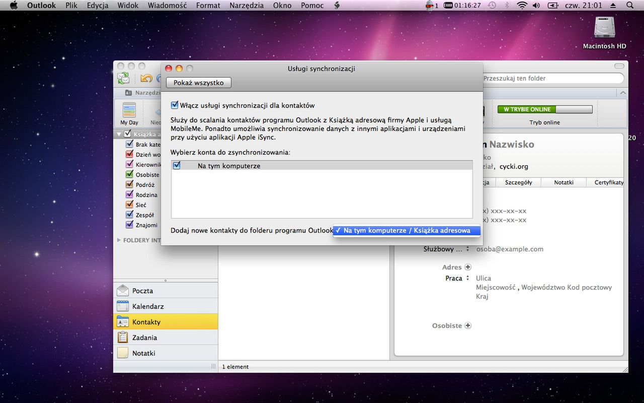 Listę kntaktów można synchronizować z Książką Adresową