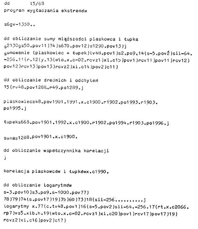 Fragment programu w W-20 obliczającego miąższość piaskowców i łupków