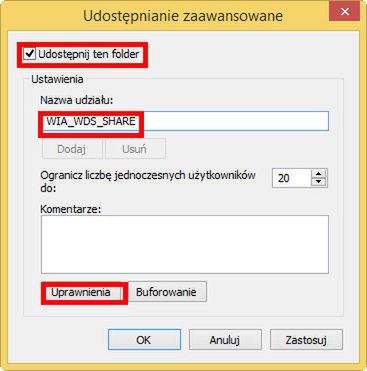udostępnianie folderu VIA_WDS - okno udostępnianie zaawansowane