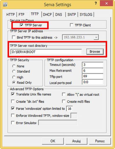 Serva - Ustawienia w zakładce TFTP