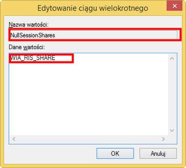Dodawanie wartości NullSessionShares do rejestru