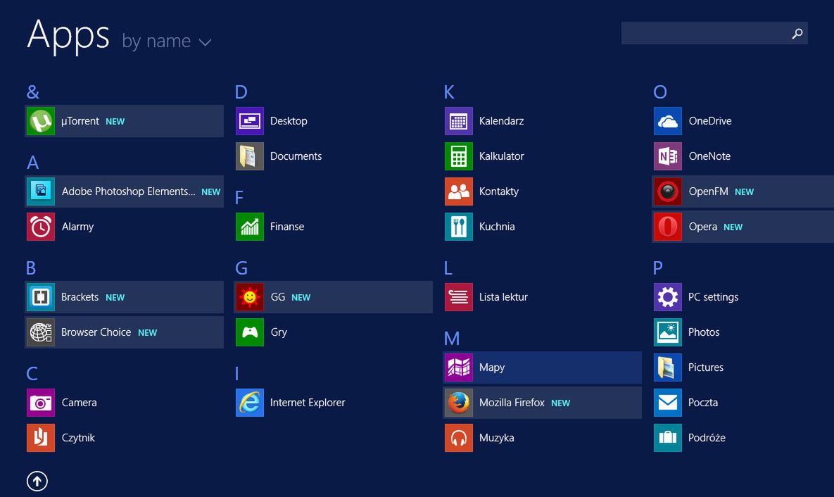 Ekran start z zainstalowanymi aplikacjami jest bardzo nieczytelny mimo alfabetycznego podziału.