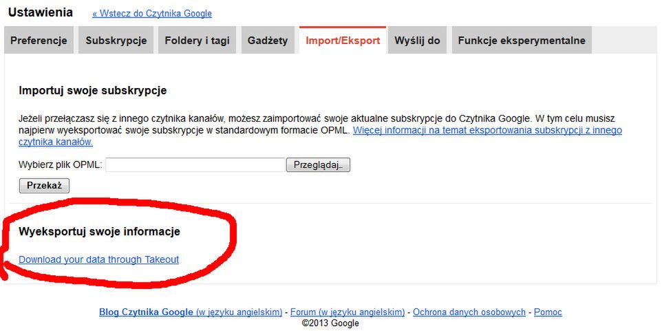 eksport ustawień z Czytnika Google