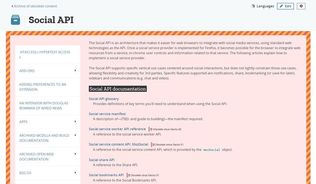 Przykładowy wynik wyszukiwania w MDN Web Docs: fragment dokumentu o Social API
