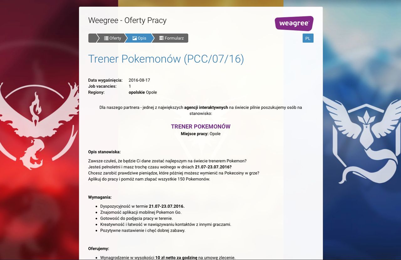 Ogłoszenie o poszukiwaniu trenerów Pokemonów. A może to tylko marketingowa sztuczka ?