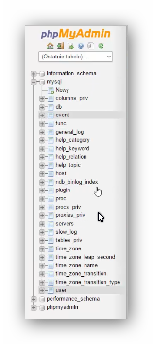 phpMyAdmin - menu boczne