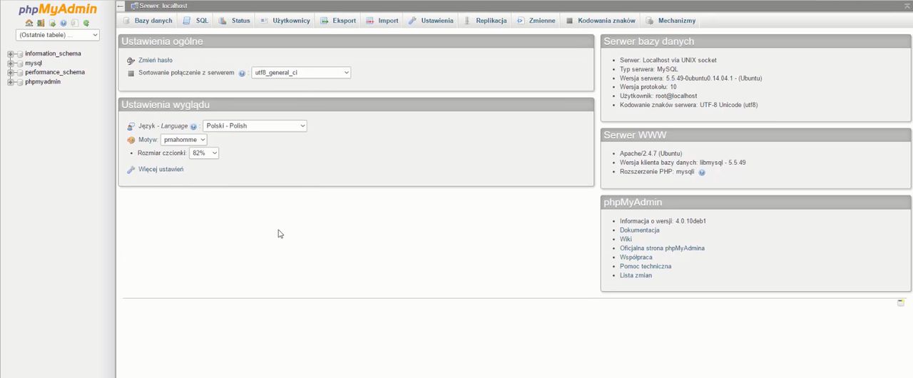 phpMyAdmin - okno bez błędu.