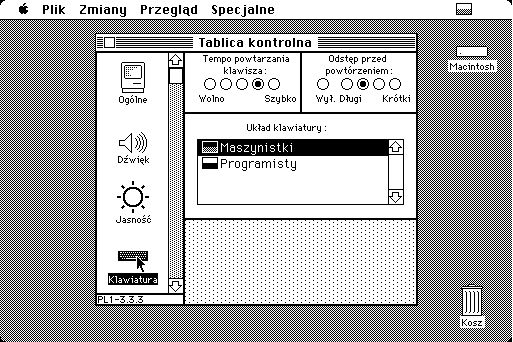 Polski system Mac OS mógł korzystać z klawiatury angielskiej (z polskimi znakami) - klawiatura Programisty, lub ze specjalnie przygotowanej klawiatury Maszynistki, zawierającej polskie znaki na oddzielnych klawiszach. To właśnie moja klawiatura.