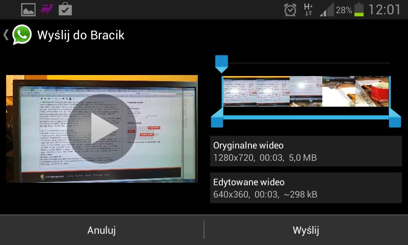 Przy wysyłaniu wideo można wg. uznania przyciąć jego długość.
