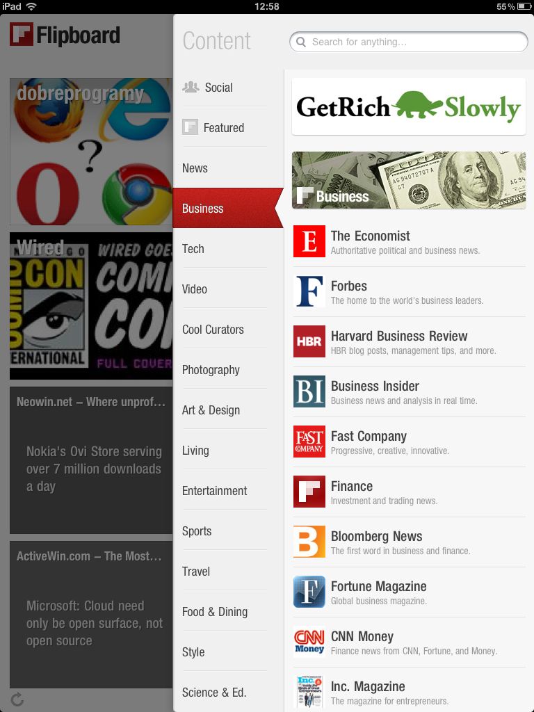 Flipboard - Wybór kanałów