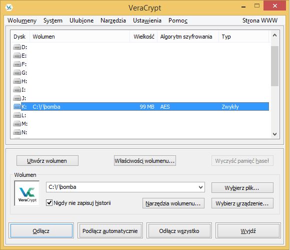 Zaszyfrowany kontener jako dysk K: w systemie Windows