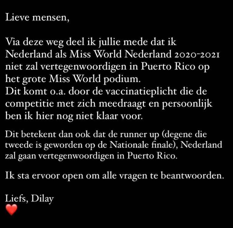 Dilay Willemstein nie będzie reprezentować Holandii w konkursie Miss World