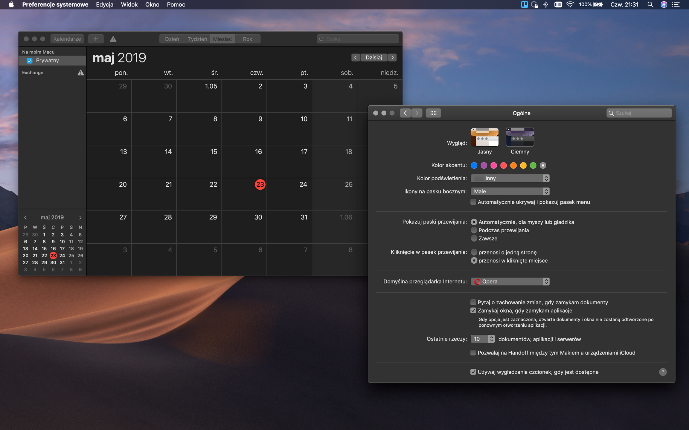 macOS Mojave z aktywnym ciemnym motywem.