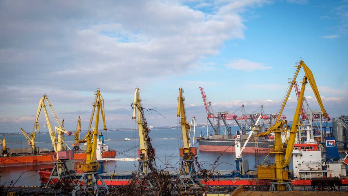 Storage silos and shipping cranes at the Port of Odessa in Odessa, Ukraine, on Saturday, Jan. 22, 2022. Russia's troop buildup on the Ukraine border is now being cited by strategists as one of the main threats to global markets, even though President Vladimir Putin has repeatedly said he currently has no plans to attack. Photographer: Christopher Occhicone/Bloomberg via Getty Images