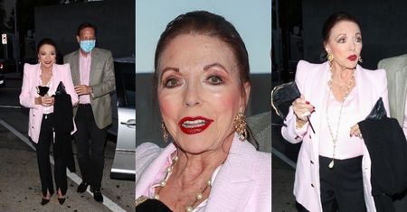 "Wygładzona" Joan Collins ogrzewa się w blasku fleszy, zmierzając na kolację z o trzy dekady młodszym małżonkiem (ZDJĘCIA)