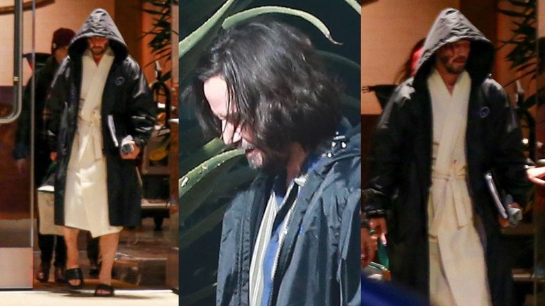 Przepasany szlafrokiem Keanu Reeves wietrzy umięśnione łydki na planie nowego "Matriksa" (FOTO)