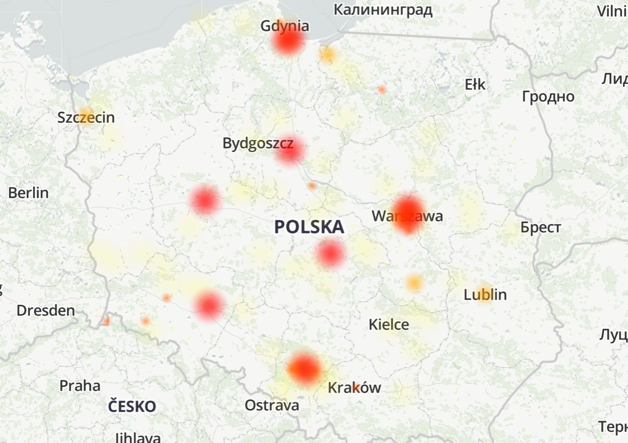 Mapa zgłoszeń usterek internetu Vectra w czasie opisywanych problemów