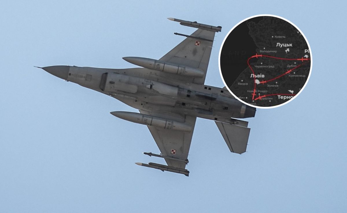 Polski samolot F-16 i mapa z trasami rakiet, które w nocy  23/24 marca krążyły nad Ukrainą