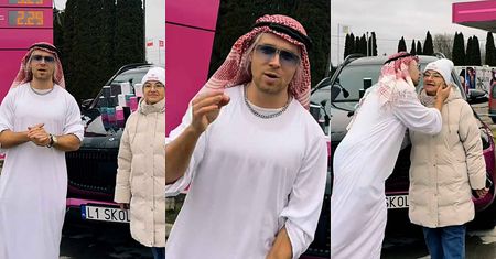 Odziany w strój SZEJKA Skolim pręży biznesowe muskuły. Ciężko uwierzyć, ile kosztuje paliwo