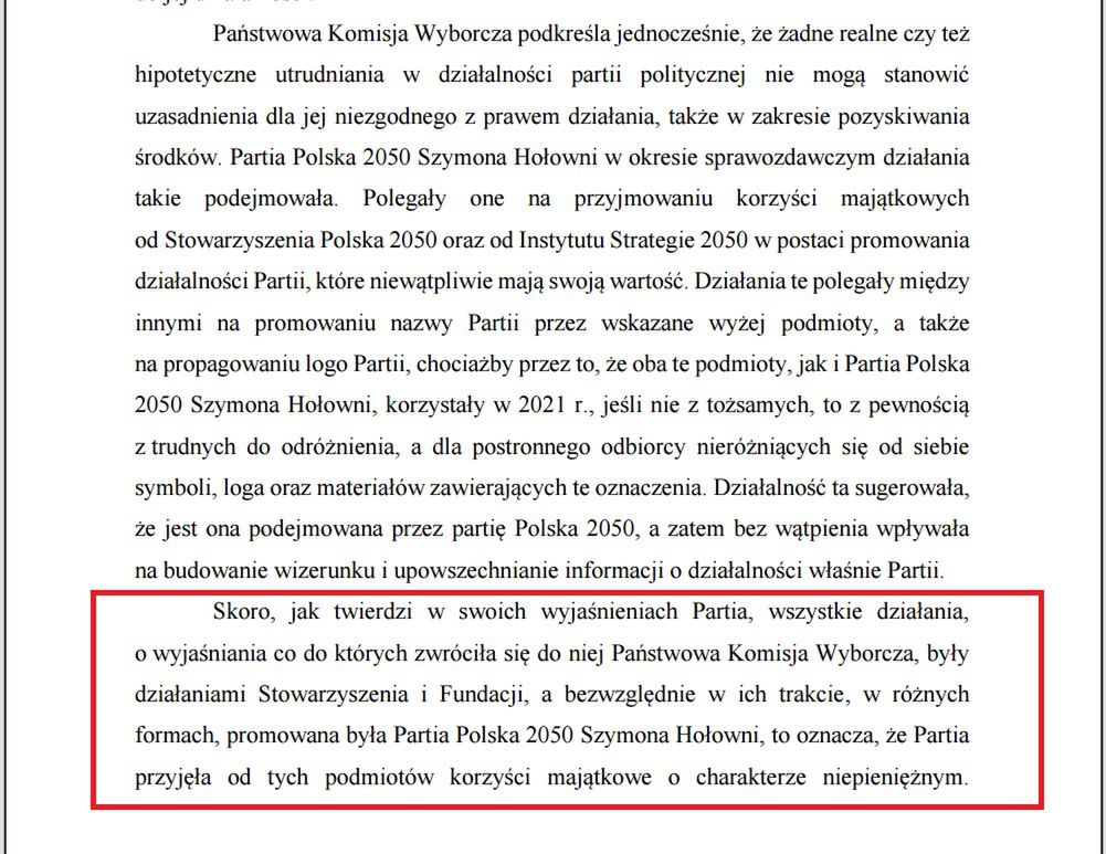 Fragment postanowienia PKW w sprawie odrzucenia sprawozdania Polski 2050.