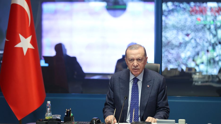 ANKARA, TURKIYE - FEBRUARY 07: Turkish President Recep Tayyip Erdogan speaks to press after 7.7 and 7.6 magnitude earthquakes hit southern provinces of Turkiye, on February 07, 2023 in Ankara, Turkiye. (Photo by Mustafa Kamaci/Anadolu Agency via Getty Images)