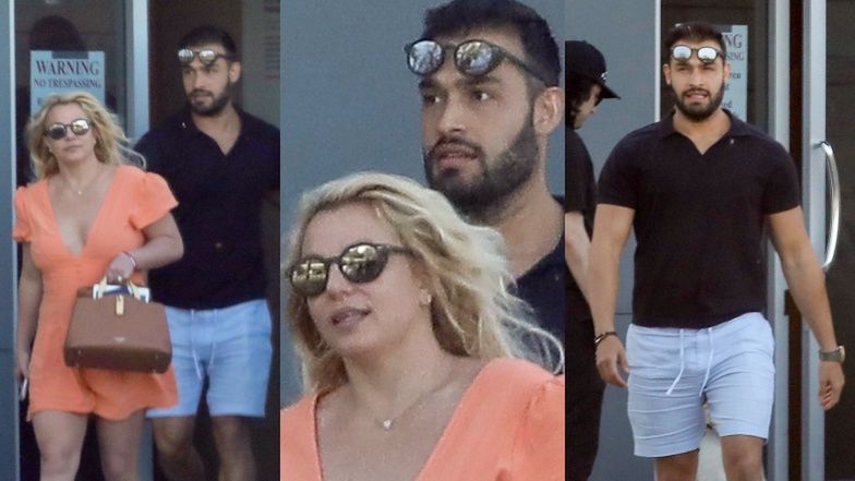 Ciężarna Britney Spears ZAKRYWA BRZUSZEK torebką, drepcząc przez lotnisko z narzeczonym u boku (ZDJĘCIA)